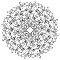 Abstract ornate mandala with curls and doodle flowers, meditative coloring page and tangled patterns vector