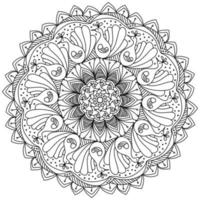 Contour mandala with doodle peacocks and curls, coloring page in the shape of a circle with many ornate petals vector