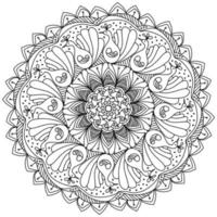 Contour mandala with doodle peacocks and curls, coloring page in the shape of a circle with many ornate petals vector