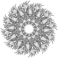 Mushroom mandala with spotted mushrooms and grass, ornate coloring page in the shape of a circle vector