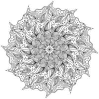 Peacock feather mandala, outline meditative coloring page in circle shape with swirls and striped elements vector