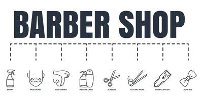 Barber shop banner web icon set. spray, mustache, scissor, hair dryer, hair clipper, bow tie, beauty care, styling iron vector illustration concept.