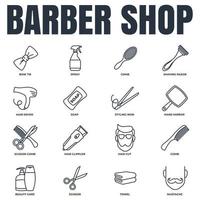 Barber shop banner web icon set. shaving razor, soap, towel, hand mirror, mustache, scissor, hair dryer and more vector illustration concept.