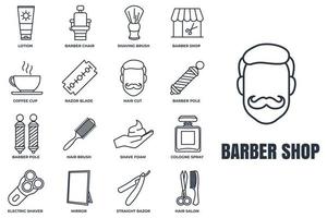 Barber shop banner web icon set. cologne spray, razor blade, mirror, lotion, barber pole, coffee cup and more vector illustration concept.