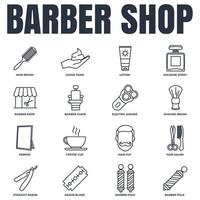 Barber shop banner web icon set. cologne spray, razor blade, mirror, lotion, barber pole, coffee cup and more vector illustration concept.