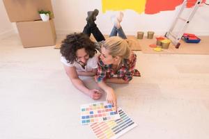 Happy young couple relaxing after painting photo