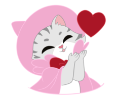 el hermoso y súper lindo gato americano de pelo corto está envuelto en un abrigo rosa suave y un sombrero mágico y un gran corazón rojo actúa como una sonrisa completa, feliz y con una buena emoción. garabato y cómic. png