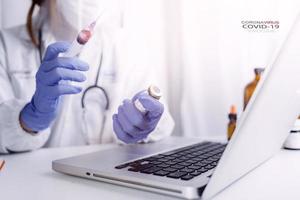 Medicine doctor and stethoscope touching icon medical network connection with modern interface on digital tablet in hospital background. Medical technology network concept photo