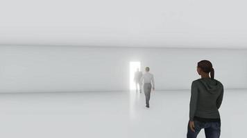 White light shines from the door in the room and people walk into the light 3d animation rendering video