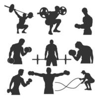 Fitness man gym silhouettes, exercise silhouettes in different poses vector