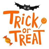 Halloween trick or treat lettering with a bat and candy. Isolated vector hand written decoration element.