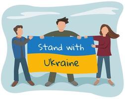 Group of people with a Ukrainian flag. Stand with Ukraine. Vector flat illustration.