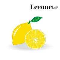 Fresh lemon fruits whole and slice with green leaf, Flat vector illustrations isolated on white background. Use for logo, sticker.
