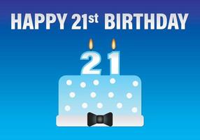 feliz deseo de cumpleaños número 21 y pastel para niños con vela de cumpleaños 21 en ilustración vectorial de fondo azul para tarjeta, pancarta, invitación. vector