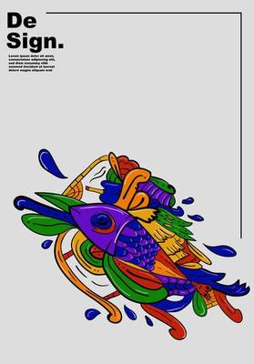 Colorful Abstract Background with fish art form and smoking woman, suitable for landing pages, social media posts, wallpapers, and t-shirt printing