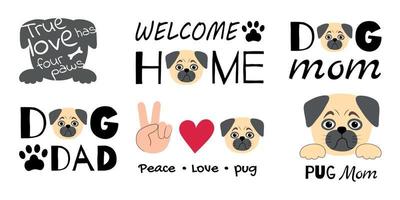 un conjunto de impresiones tipográficas con un lindo pug triste. colección de vectores para diseño de interiores o ropa. un personaje simple en un estilo plano con texto