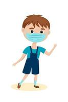 A masked boy with his hand raised. vector