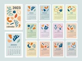 Calendar 2023 with abstract organic elements and texture. Week start on Sunday. Set of 12 months, cover and one sheet of the year. Template for A4 A3 A5 size. Vector illustration in trendy style
