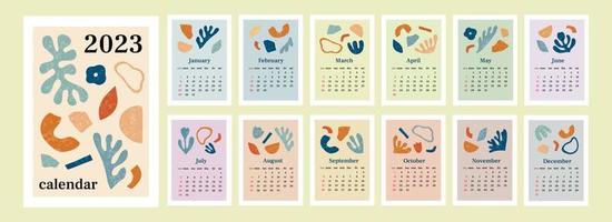 Calendar 2023 with abstract organic elements and texture. Week start on Sunday. Set of 12 months, cover and one sheet of the year. Template for A4 A3 A5 size. Vector illustration in trendy style