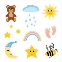 A set of cute baby elements in a simple style. Vector clip art for decorating a children's room, for a children's game, or for marking children's products