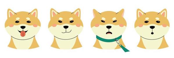 A set with different emotions of shiba inu. cheerful, angry, surprised, cunning or playful. Minimalistic cute white background in pastel shades. The nature of a thoroughbred dog. The pet with leash vector