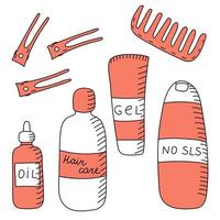 A set of beauty items in doodle style. Colorful vector illustration with the concept of daily hair care. Perfect for articles about beauty, as icons for social networks or on a website