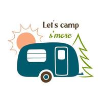 Vector illustration trailer sun fir tree. Summer vacation in nature. Perpect for postcard, design of stationery, web site ond app about camping