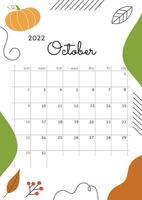 Month October 2022 with abstract elements, lines, berries, leaves and pumpkin. Vertical autumn poster with cozy atmosphere. Vector illustration. Calendar grid with squares for entries