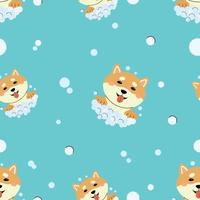 Seamless pattern with shiba inu and soap bubbles. Blue vector background with funny puppies in hand-drawn style. Children's pattern bathroom, pajamas, bedroom.