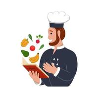 Cheerful chef with a cookbook. Vector illustration of a chef in a blue uniform who represents how he will cook. Perfect for a website, restaurant poster, or book cover