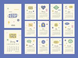 Calendar 2023 with retro shapes and positive stickers. Week start on Sunday. Set of 12 months, cover and one sheet of the year. Template for A4 A3 A5 size. Vector illustration in 1990s style