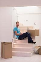 young man sitting in stairway at home photo