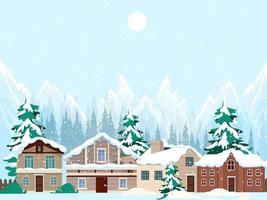 Winter scene painting houses snow sketch vector