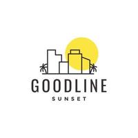 minimalist building with coconut tree and sunset logo vector