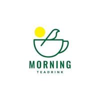 taza de té con el diseño del logotipo del amanecer de la mañana del pájaro vector