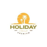 logotipo de puesta de sol de playa de árbol de coco de color vintage vector