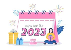 Happy New Year 2023 Celebration Template Hand Drawn Cartoon Flat Background Illustration with Fireworks, Ribbons and Confetti Design vector