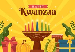 feliz kwanzaa vacaciones plantilla africana dibujado a mano dibujos animados ilustración plana con orden de nombre de 7 principios en diseño de símbolos de velas vector