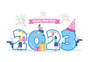 Happy New Year 2023 Celebration Template Hand Drawn Cartoon Flat Background Illustration with Fireworks, Ribbons and Confetti Design vector