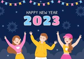 Happy New Year 2023 Celebration Template Hand Drawn Cartoon Flat Background Illustration with Fireworks, Ribbons and Confetti Design vector