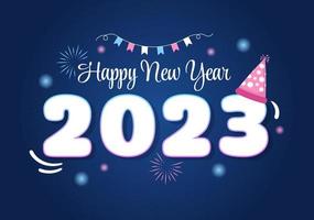 feliz año nuevo 2023 plantilla de celebración dibujado a mano ilustración de fondo plano de dibujos animados con diseño de fuegos artificiales, cintas y confeti vector