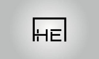 Letter HE logo design. HE logo with square shape in black colors vector free vector template.