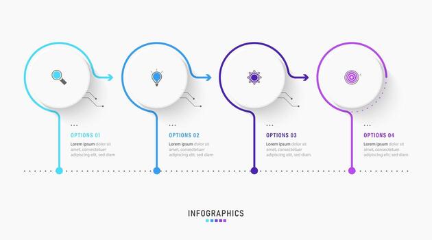 plantilla de diseño de etiquetas infográficas vectoriales con iconos y 4 opciones o pasos. se puede utilizar para diagramas de proceso, presentaciones, diseño de flujo de trabajo, banner, diagrama de flujo, gráfico de información. vector