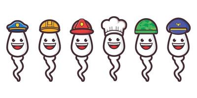 A collection of sperm characters wearing chef hats soldiers police pilots firefighters vector