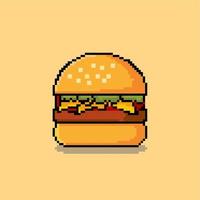 arte de píxeles de personajes de hamburguesas en el fondo de la bandera amarilla vector