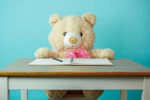 Conceptual shot of child education. Brown teddy bear leaning on books photo