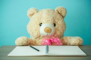 Conceptual shot of child education. Brown teddy bear leaning on books photo