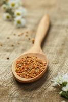 Bee pollen with wooden spoon and flower photo