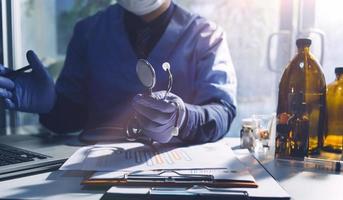 Medicine doctor and stethoscope touching icon medical network connection with modern interface on digital tablet in hospital background. Medical technology network concept photo