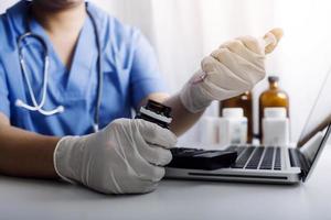 Double exposure of technology healthcare And Medicine concept. Doctors using digital tablet and modern virtual screen interface icons panoramic banner, blurred background. photo